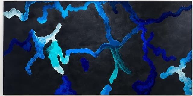 Abstract painting of branching blue and turquoise currents over a black ground