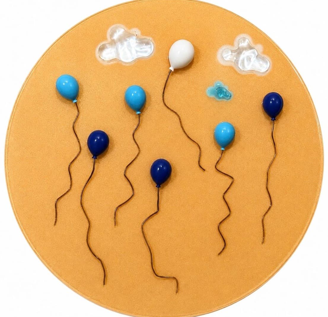 Round orange panel with blue and white balloons and pearl clouds