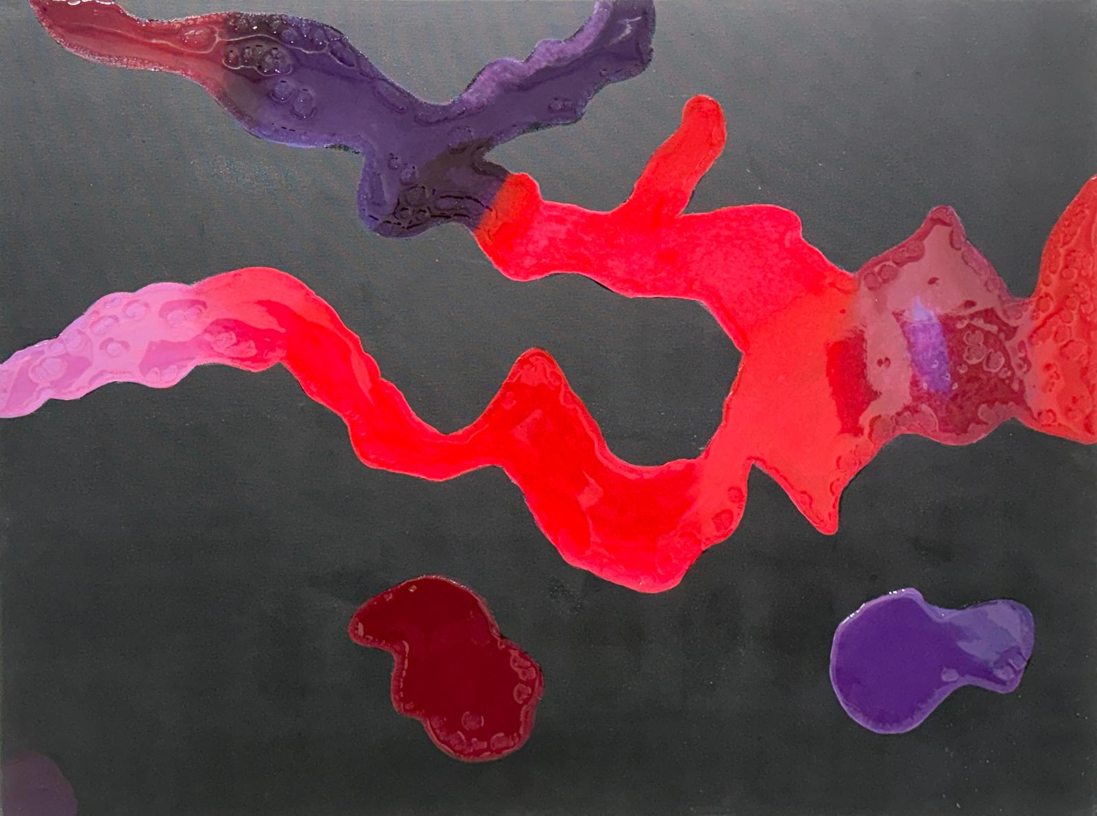Abstract painting of red, pink and purple waves flowing across a black ground